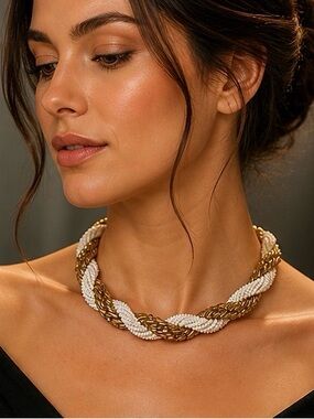 🤍💛Vintage Gold & White Twisted Beaded Necklace w/ Extender | Rope Deign ✨
